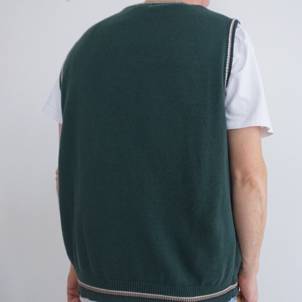Vintage 90s Steve Strickland fairway sportswear green cotton knit v-neck Vest XL - Picture 2 of 8